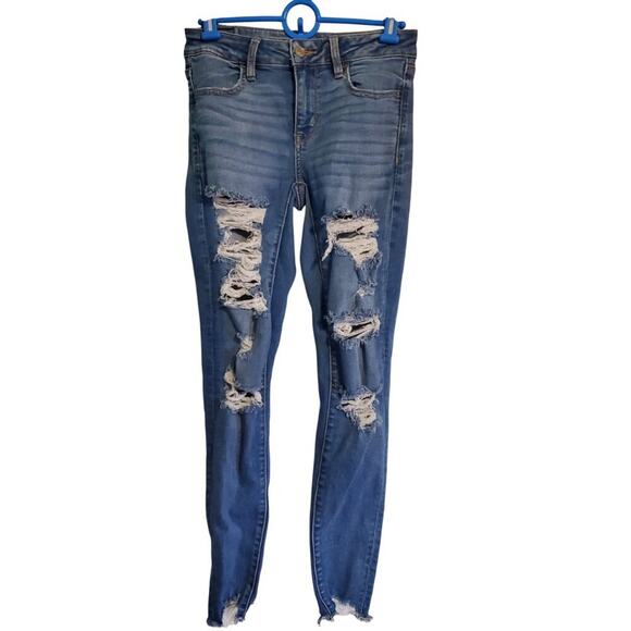 American Eagle Heavily Distressed Stretch Skinny Jeans Distressed Medium Wash - Picture 1 of 12